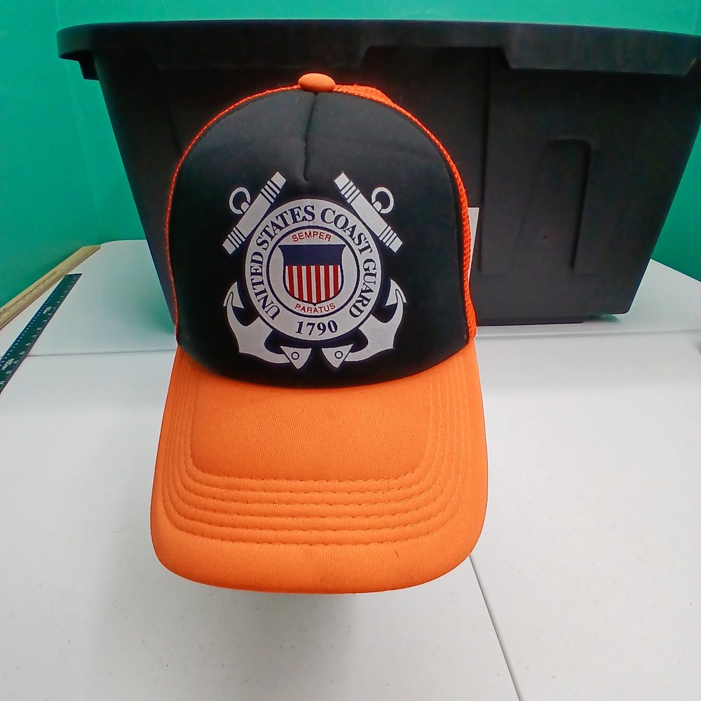 USCG Trucker Hat OS Neon Orange Black Military Snapback Mesh Cap Coast Guard